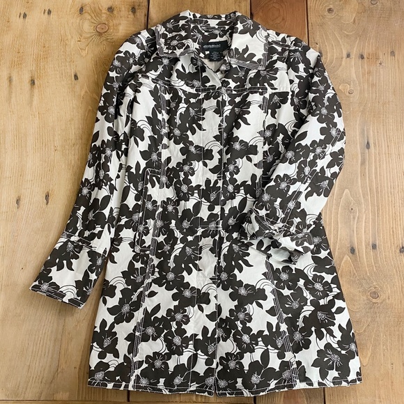 Eddie Bauer Brown and Cream Rain Coat Trench Jacket Floral Hibiscus - Picture 1 of 12